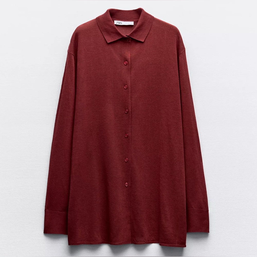 💋 ZARA Plain Knit Drop Shoulder Button Up Shirt in Burgundy NWT